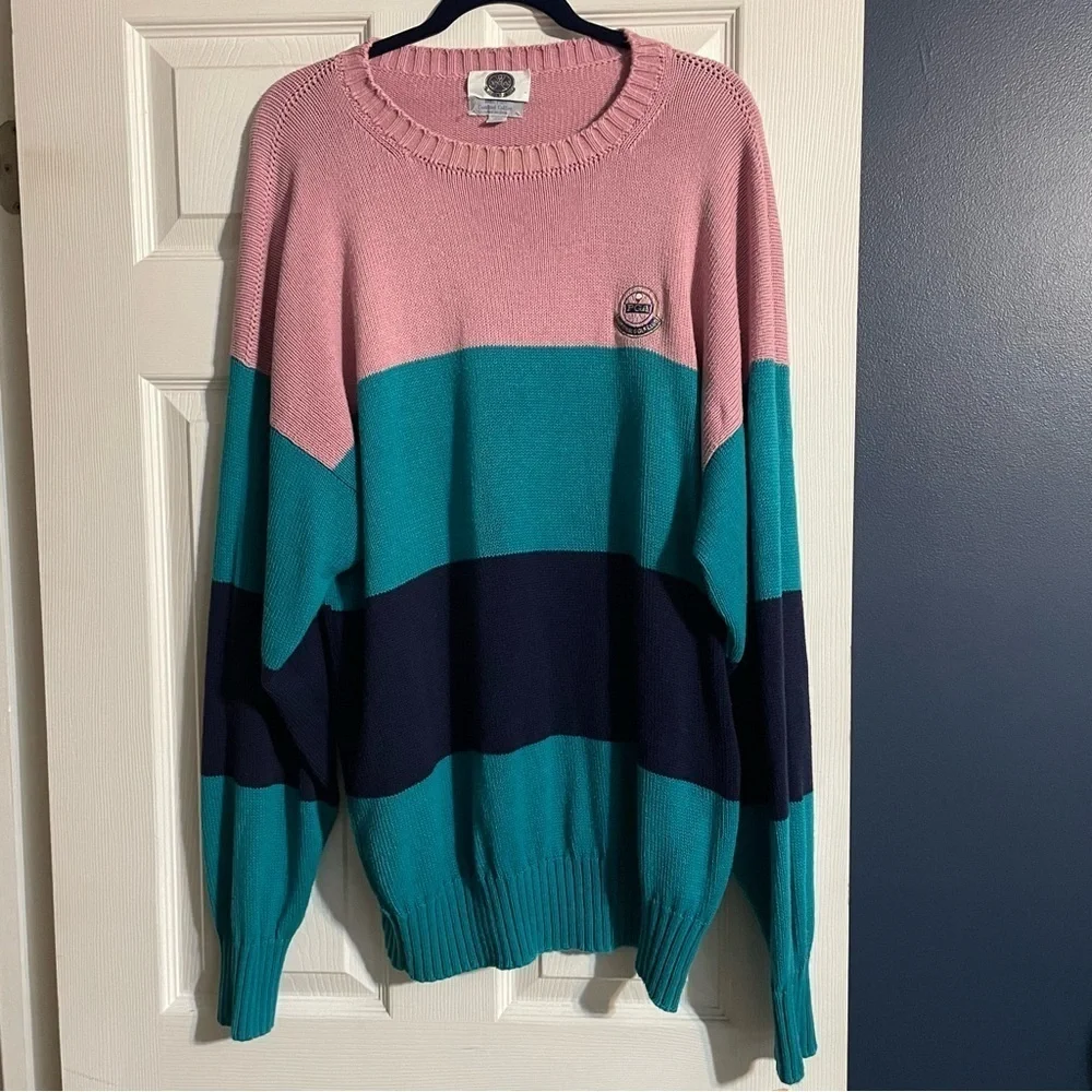 RARE Vintage PGA National Golf Club Colorblock 80’s Sweater Pink Teal Blue - Picture 4 of 10